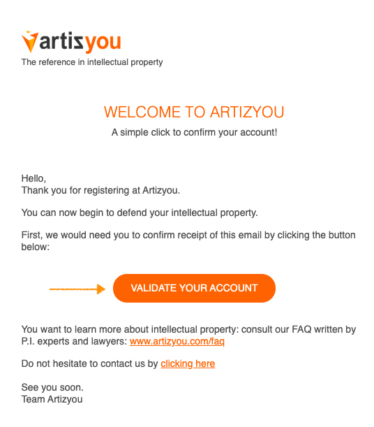 Welcome to Artizyou email confirmation_print screen